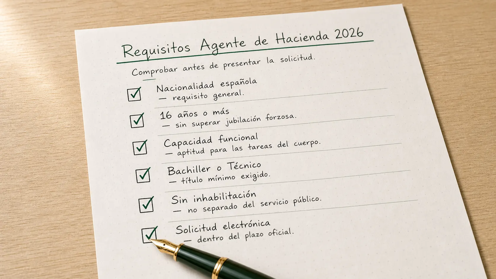 Checklist manuscrita de requisitos para Agente de Hacienda 2026 marcada con bolígrafo