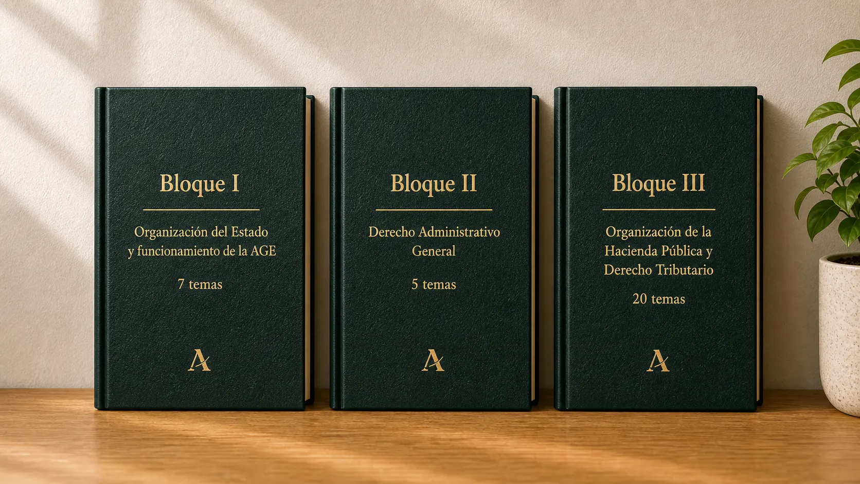 Tres libros verdes de temario oficial de Agente de Hacienda apoyados sobre un escritorio